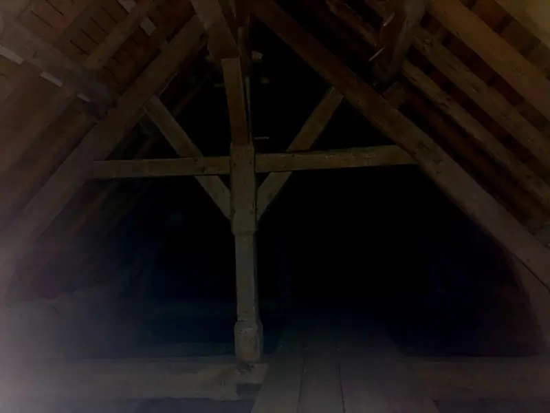 Combles sous une charpente ancienne, fermes et pannes de bois sombre