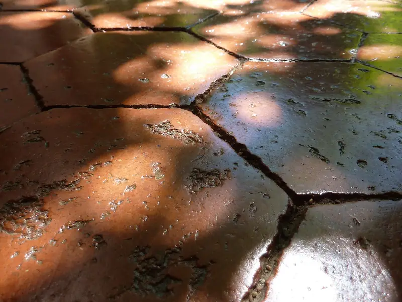 Carrelage hexagonal ancien, reflets de lumière sur la terre cuite